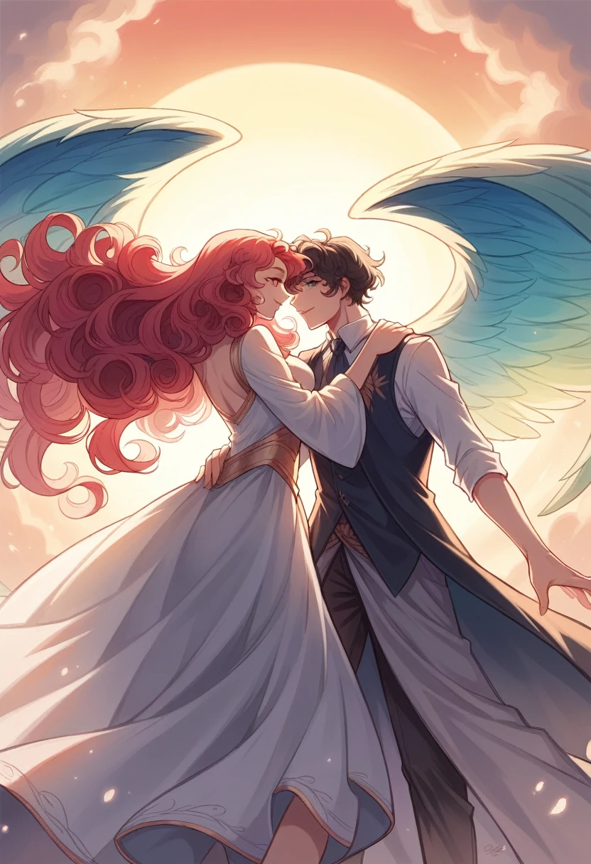 (couple), girl and boy, Gaze at the red sky at sunrise, rear view, 1boy, ((boy with green eyes, short black curly hair)), 1girl, ((girl with red eyes, vibrant pink long hair)), intimate, rich in detail, happy expression, love, long shot, wide angle, (((masterpiece, best quality, aesthetic, heavenly)))