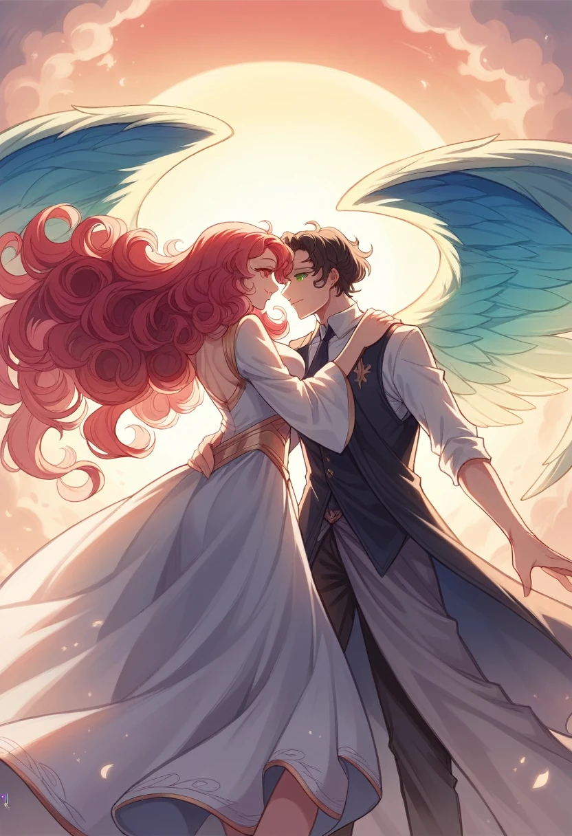 (couple), girl and boy, Gaze at the red sky at sunrise, rear view, 1boy, ((boy with green eyes, short black curly hair)), 1girl, ((girl with red eyes, vibrant pink long hair)), intimate, rich in detail, happy expression, love, long shot, wide angle, (((masterpiece, best quality, aesthetic, heavenly)))