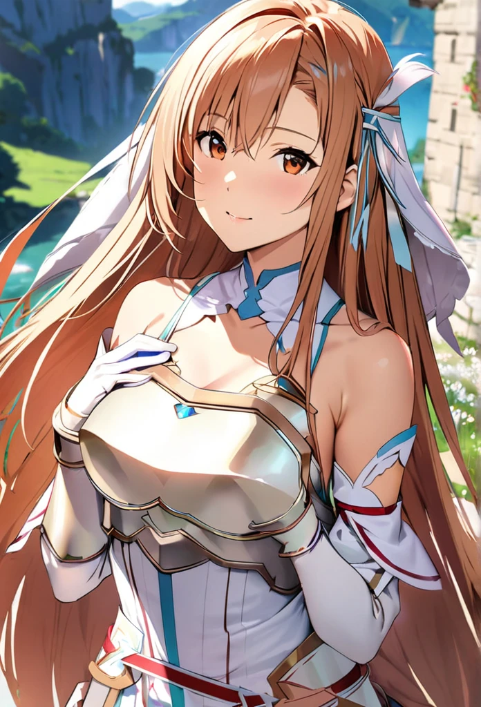 ((masterpiece)), Highest quality, Very detailed,(One Girl),Yuki Asuna、Asuna (Stacia), brown eyes, bare shoulders, breastplate, armor, detached sleeves, gloves, white gloves, dress, (red and white dress), Long Hair, Beautiful background ,Clothing,  chest, 