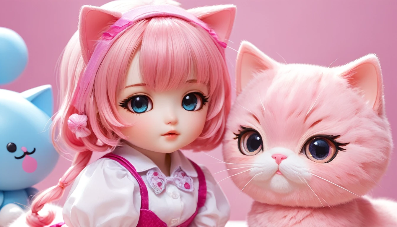 Cute Characters、Anime Style、Cat character、Mob Chara、フランスdoll、pink、(Highest quality、masterpiece、High resolution、detailed)、round、One、doll、