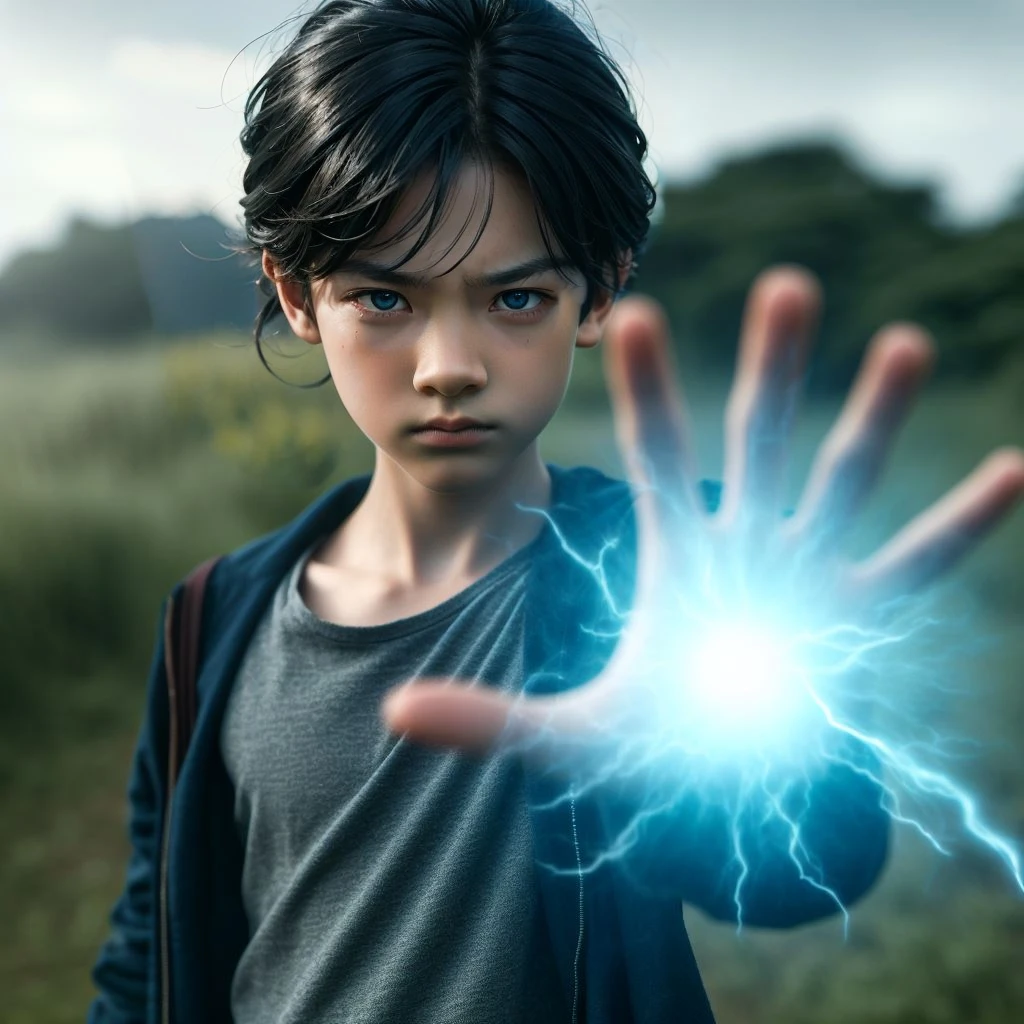 A handsome twelve-year-old boy with black hair, an angry expression, and one hand thrust forward into the air, creating a pale blue glowing magical light bullet in his palm, standing in a grassland area.his head and eyes had lightning on him