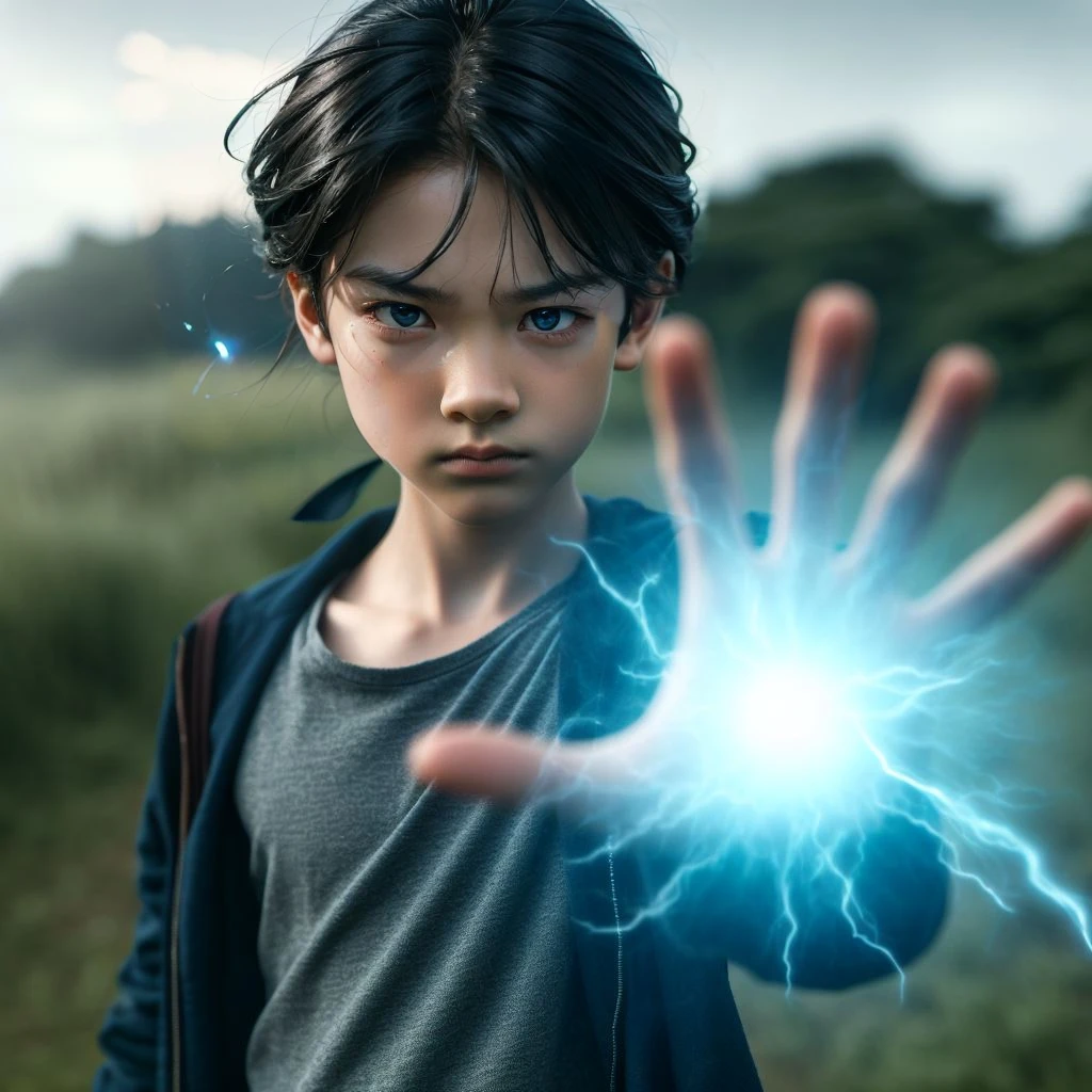 A handsome twelve-year-old boy with black hair, an angry expression, and one hand thrust forward into the air, creating a pale blue glowing magical light bullet in his palm, standing in a grassland area.his head and eyes had lightning on him
