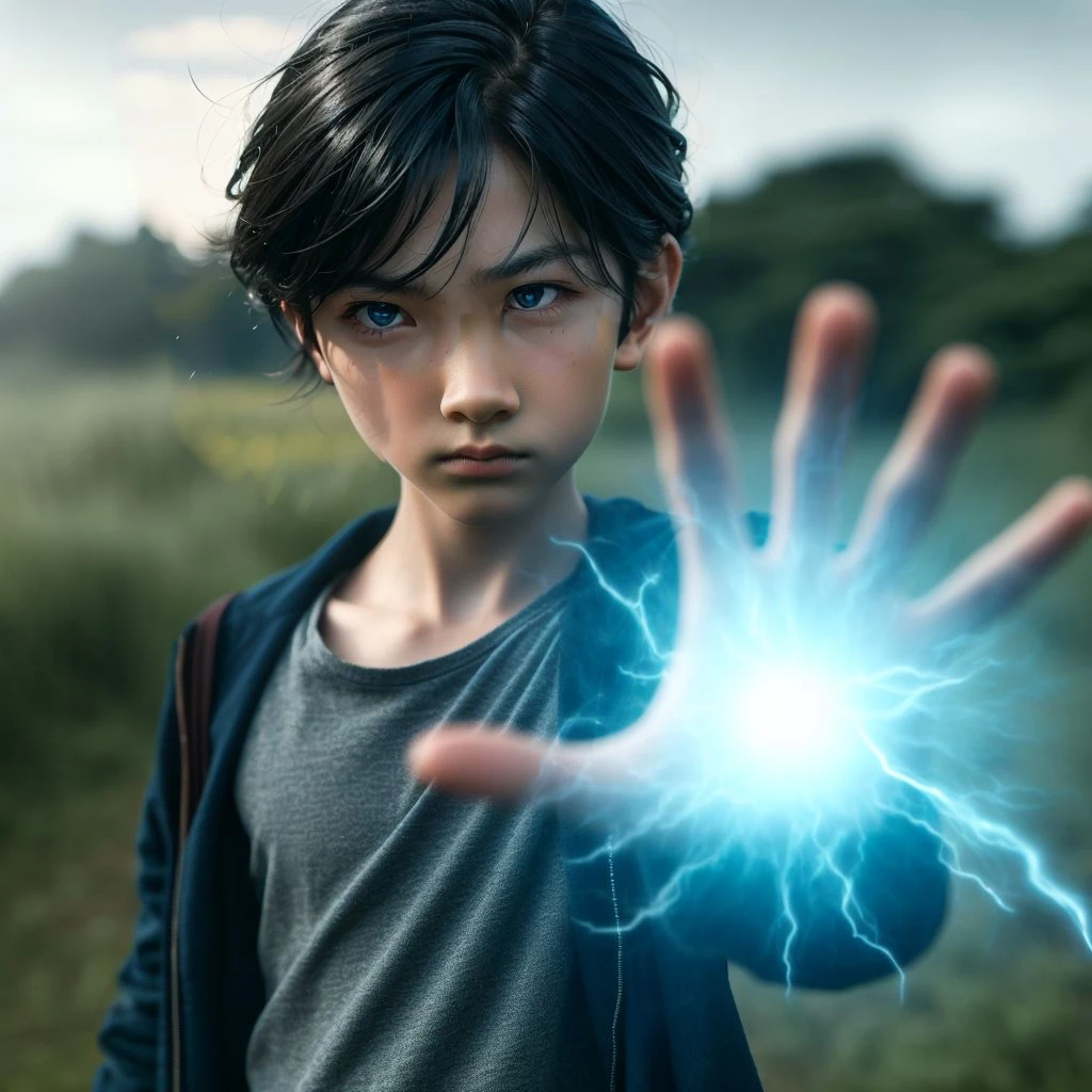 A handsome twelve-year-old boy with black hair, an angry expression, and one hand thrust forward into the air, creating a pale blue glowing magical light bullet in his palm, standing in a grassland area.his head and eyes had lightning on him