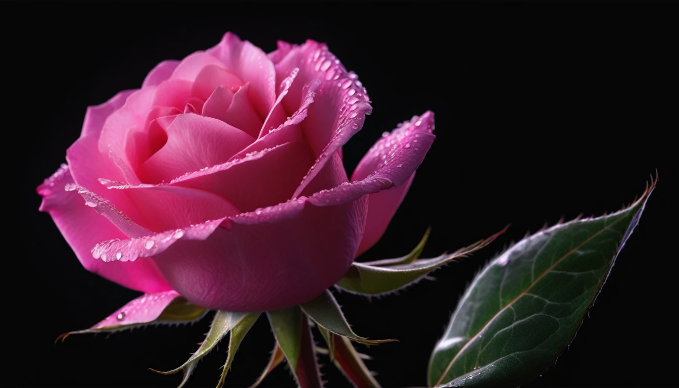 unopened bud of a pink rose on a black background, bokeh , 8k.very realistic cinematic photo, Extremely Realistic