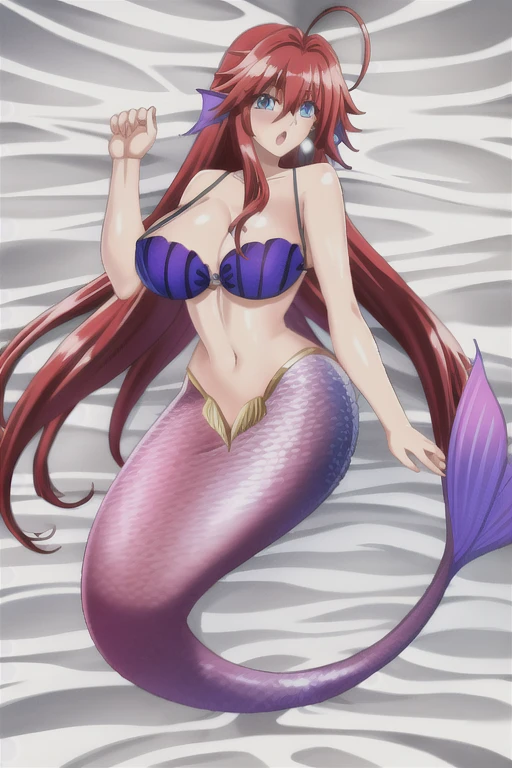 Dakimakura, hellandheaven, mermaid, mermaid tail below waistline, 1girl, solo, long_hair, breasts, open_mouth, bangs, large_breasts, bra, hair_between_eyes, very_long_hair, , blue_eyes, , ahoge, red_hair, shiny_hair, 