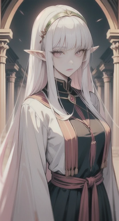 Ancient, long white hair pink eyes, elf Princess Saria, Ancient uniform, students everywhere, looking at viewer, SFW,