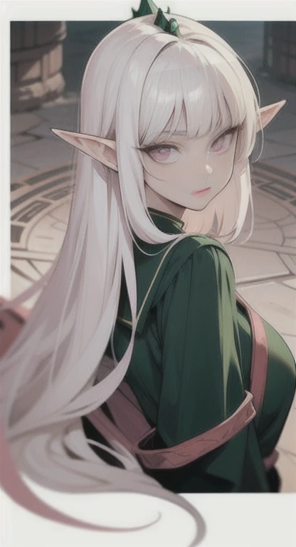 Ancient, long white hair pink eyes, elf Princess Saria, Ancient uniform, students everywhere, looking at viewer, SFW,