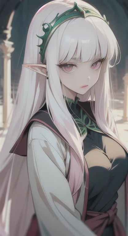 Ancient, long white hair pink eyes, elf Princess Saria, Ancient uniform, students everywhere, looking at viewer, SFW,