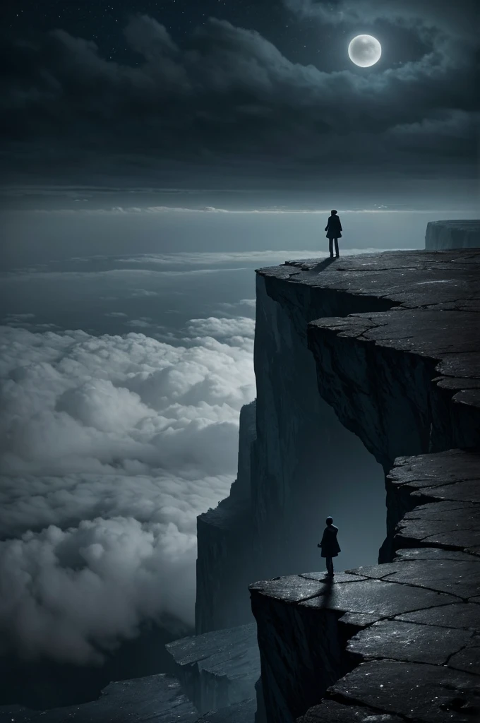 a lonely figure, backwards, stands on the edge of a cliff. The night sky is covered with dense clouds that barely let in the light of a pale, distant moon., creating an environment of blue and gray tones. The scene is bathed in a dim, cold light that accentuates the shadows, conveying a deep sense of desolation and hopelessness.