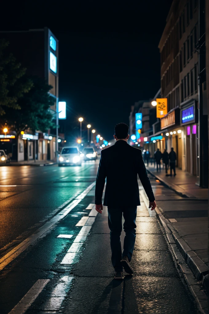 A man walking in road at night