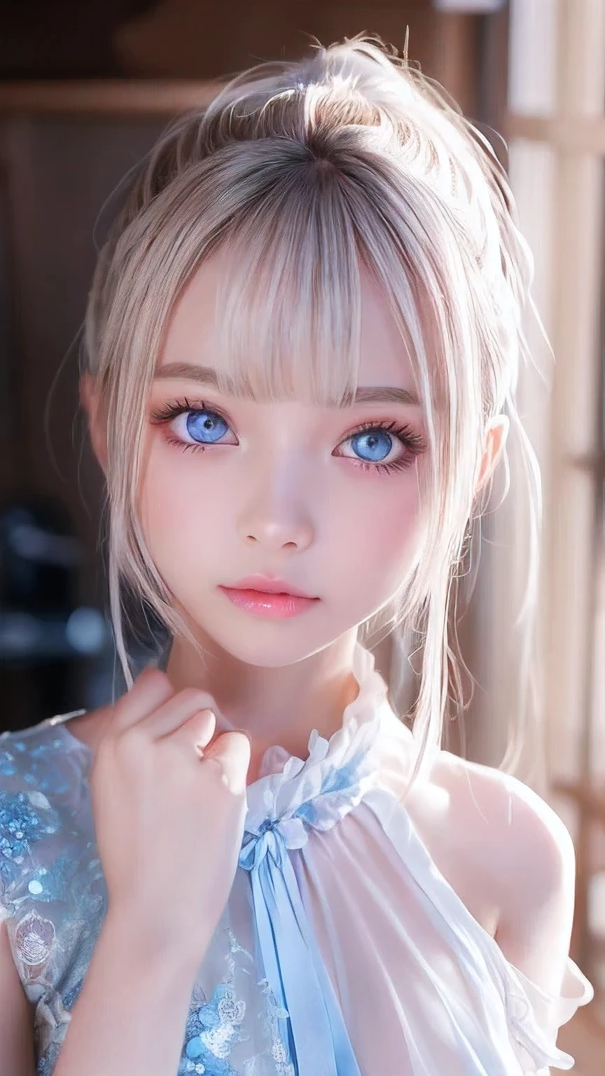 Exceptional sexy beauty、Beautiful, calm and bright expression、Sexy refreshing look、Perfect beautiful pretty face、Very bright, light blue eyes、Short ponytail、Long bangs between the eyes、Long platinum blonde straight hair、Beautiful facial hair、Very cute beautiful sexy young little woman、Very perfect beautiful pretty face、Beautiful clear cute eyes