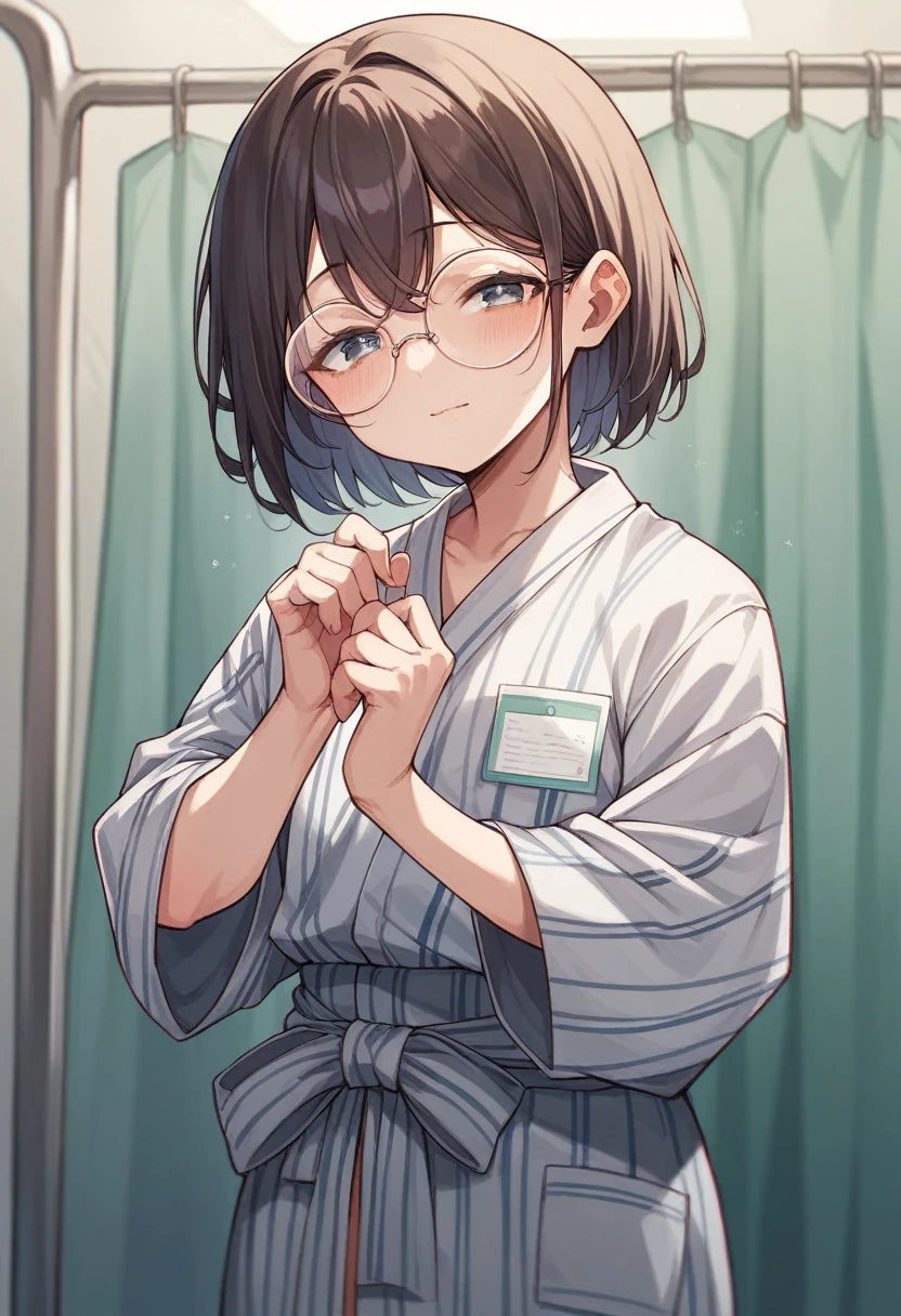 cute、low length、yukata（monochromatic）、Round Glasses、girl、hospital
