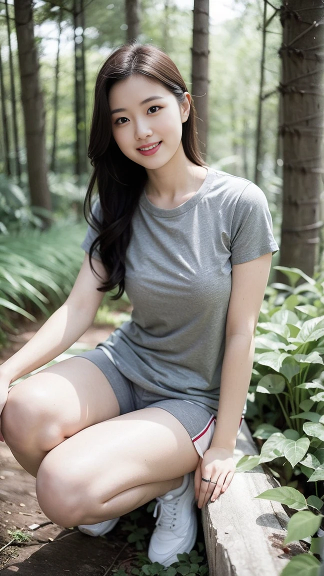 masterpiece, best quality, Surreal, Ultra Detailed, 8k resolution, RAW photos, Clear focus, (A girl in the forest), ((light gray shirt:1.1)), Short sleeve, sports Shorts,Full body posture, Solitary, Perfect body, Become a, 32 inches in the chest,(a charming smile:1), (sexy pose),26 years old, light,White shoes