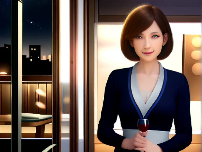 (K, UHD, top quality, masterpiece: 1.2), (realistic, photorealistic: 1.37), super detailed, pretty woman 1, (slim face), (slim body), (brown hair), (short cut), cheeks slightly blushing, (40 years old), 38 years old, solo, beautiful detailed urban night view outside the window, restaurant, wine glass sitting, at night, in a prominent place (from the waist up) NovaFrogStyle, Actress, Model, Waist Up, White Wine, Slim, Wine Glass, Super Clean Night View, Wine Glass Put in the Middle, Happy Smile, (Smile: 1.15), Beautiful Fine Eyes, Upper Body, Bust Japan Up, Night, Short, Short, Actress, Model, Waist Up, White Wine, Slim, Wine Glass, Super Clean Night View, Wine Glass Put in the Middle, Happy Smile,