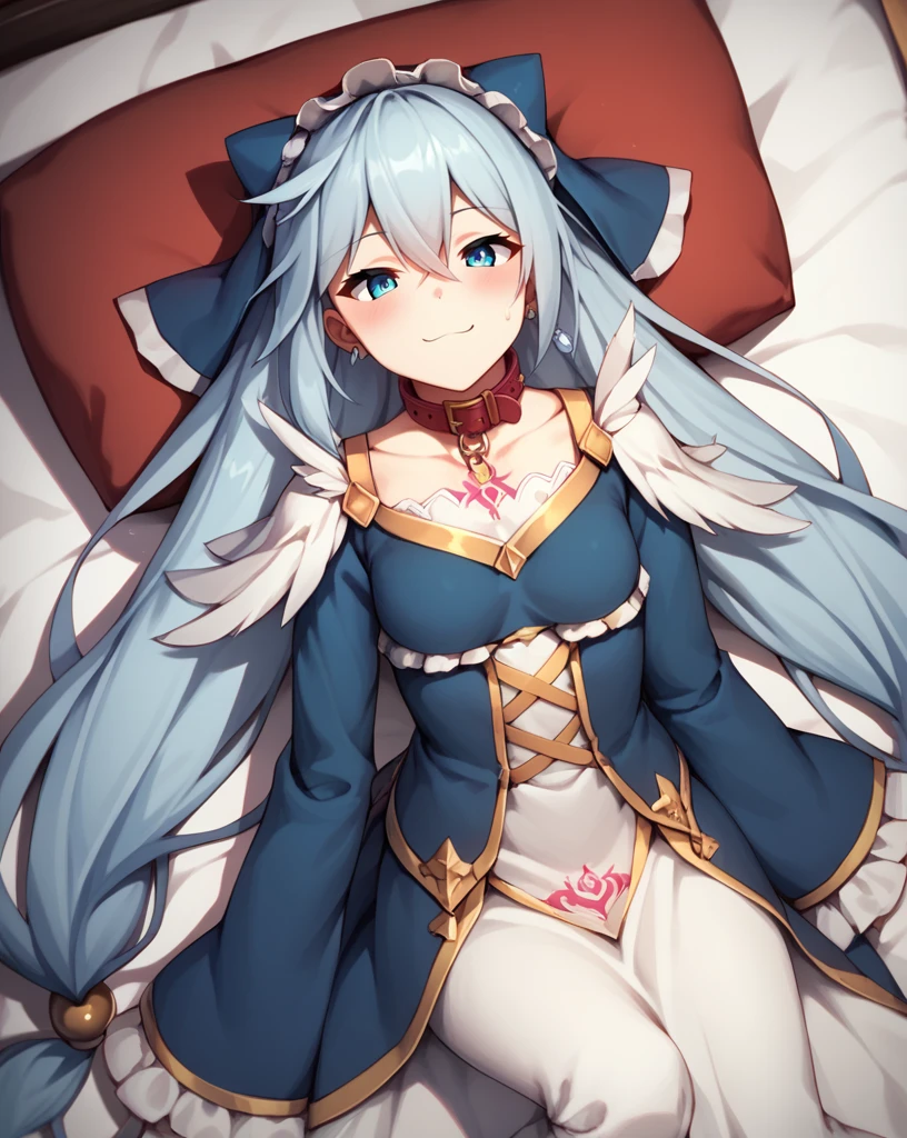 score_9, score_8_above, score_7_above,
eris,1 girl,Alone,Blue eyes,by white,hair between the eyes, very long hair, clavicle, only,long sleeves,dress,Wearing a dog collar, laying, bedroom, Naughty tattoo on the belly 