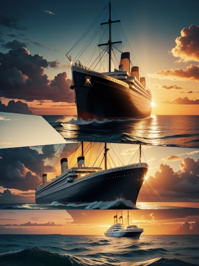 A luxurious Titanic sailing in the ocean，Beautiful sunset，beautiful landscape