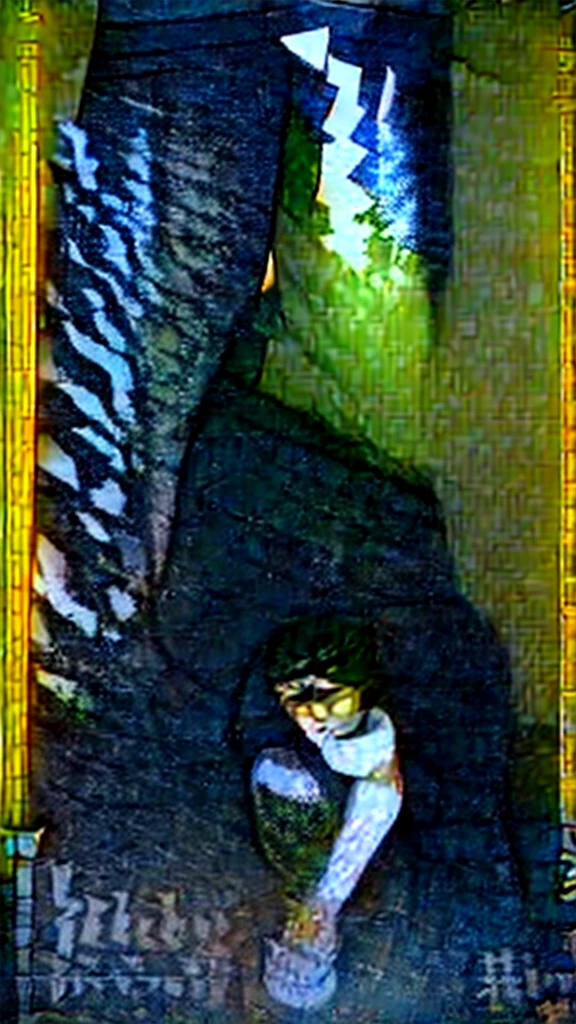 Create an original character named Ryuto for the anime Demon Slayer. Ryuto is tall and muscular, similar in build to Gyomei Himejima. He has long, silver hair reaching his waist, styled with a fringe covering part of his forehead. Ryuto has intense blue eyes and a fierce, determined expression with arched eyebrows. His uniform includes additional armor on the shoulders and arms, with a dragon emblem on the chest. His pants are loose but feature metal protections on the knees. He wears sandals with golden details and has a red sash around his waist, along with a necklace bearing a dragon pendant. Ryuto wields a dual-bladed katana with blades that can separate and a dragon-shaped guard. The background should be a forest at dusk, adding to the intense and mysterious atmosphere.