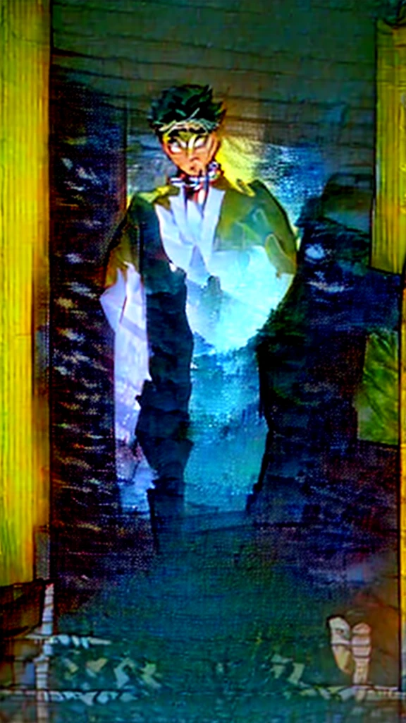 Create an original character named Ryuto for the anime Demon Slayer. Ryuto is tall and muscular, similar in build to Gyomei Himejima. He has long, silver hair reaching his waist, styled with a fringe covering part of his forehead. Ryuto has intense blue eyes and a fierce, determined expression with arched eyebrows. His uniform includes additional armor on the shoulders and arms, with a dragon emblem on the chest. His pants are loose but feature metal protections on the knees. He wears sandals with golden details and has a red sash around his waist, along with a necklace bearing a dragon pendant. Ryuto wields a dual-bladed katana with blades that can separate and a dragon-shaped guard. The background should be a forest at dusk, adding to the intense and mysterious atmosphere.
