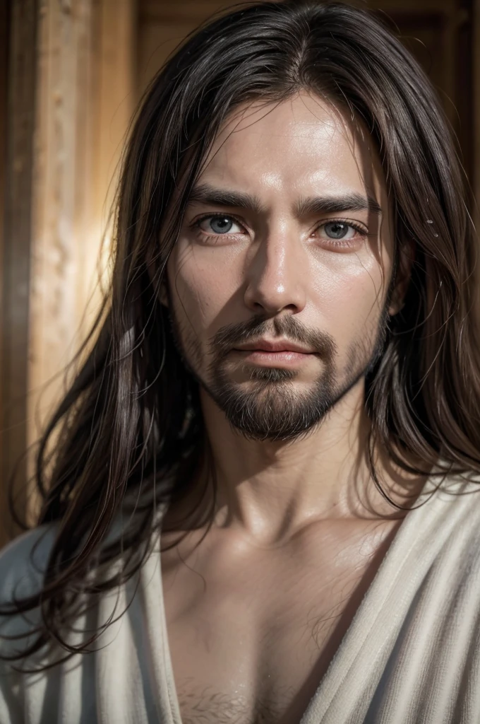 The image shows an artistic representation of Jesus Christ. He is portrayed with an intense and compassionate expression, looking directly at the observer. Here are the key image details