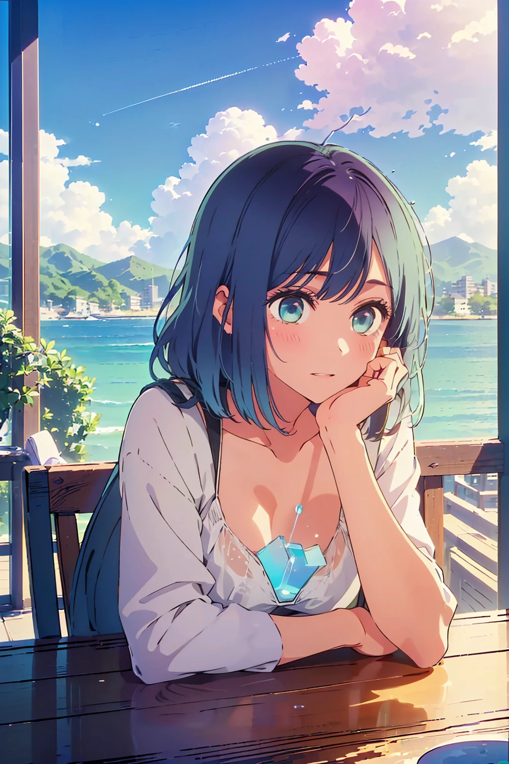 (Highest quality:1.4、masterpiece:1.4、超detailed:1.4、Ultra-high resolution:1.4、Absurd:1.4、Absolute Resolution:1.4、8K:1.4、detailed:1.4)、Slim body、((((1 person、sit、Happy expression、Chair、In the background are the urban buildings of Tokyo、looking at the camera、Outdoor café terrace、Navy hair color、juice、table、Very cute face))))、((((nude、very beautiful areola、valley))))、(Pose with hands tucked behind ears:1.4、Cheek resting on hand:1.4)、(bikini:1.1)、Very blue sky、A completely cloudless sky