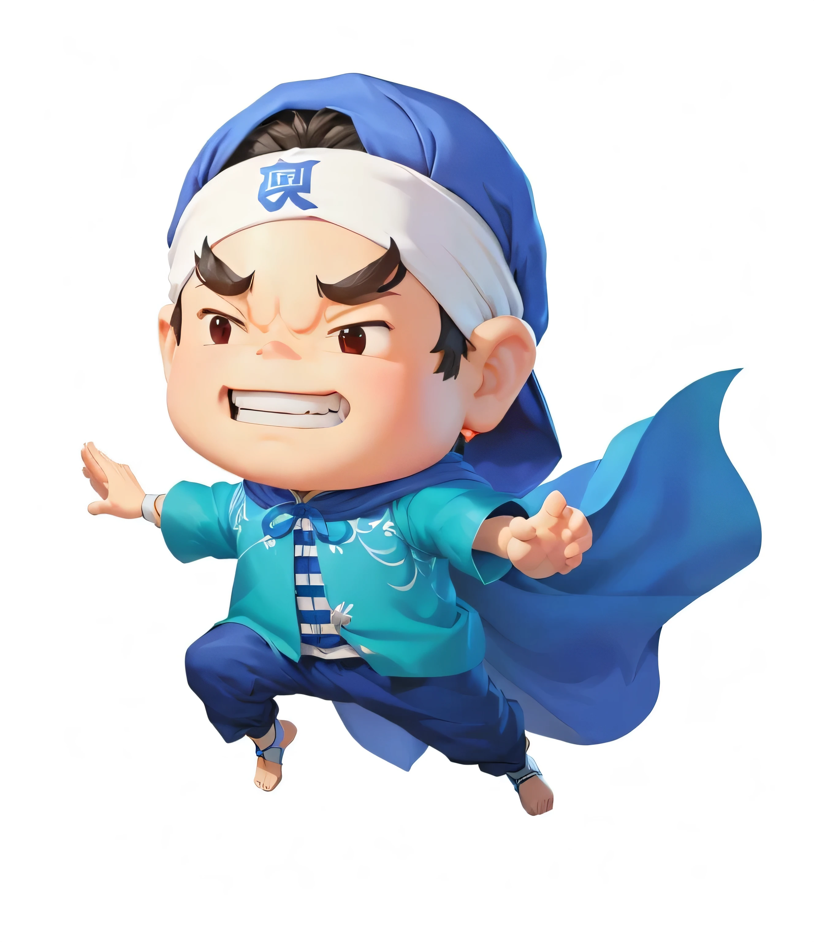 Chinese style,Dressed in blue、Draped in a blue cloak、cartoon boy wearing white turban, Hero 2D Fanart Art, Maple Story Character art, Official character illustrations, Official Character art, High-quality character design, Official illustrations, Character art, heroic figure, The character is flying, heroic figure art, Fighting Game Characters, main character, Hero Action Poses, 3D Rendered Official Art, Cute cartoon characters