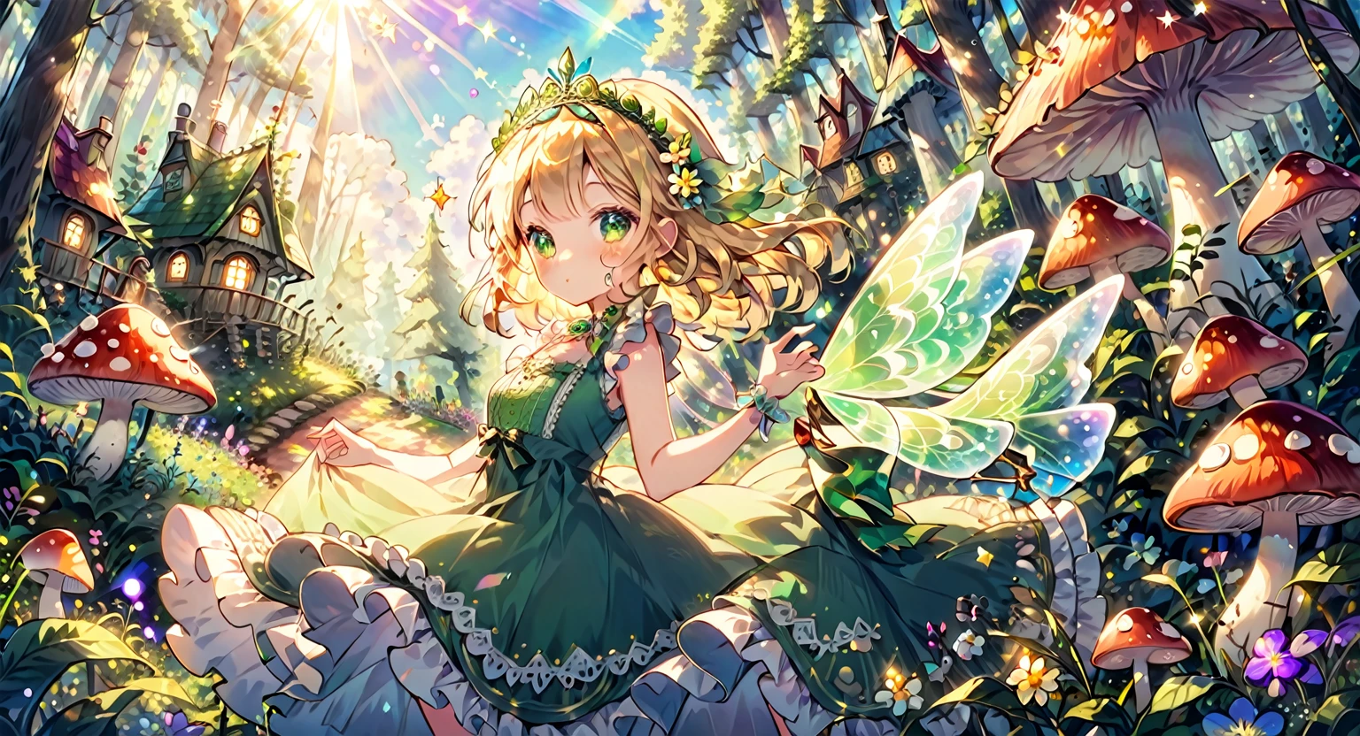 kawaii, whimsical, a beautiful fairy woman, an iridescent green pair of fairy wings, sparkling fairy dust, blonde princess hair, lacey intricate ruffle green princess dress, gem encrusted tiara, fantasy enchanted forest, wild flowers, sparkle effects, little mushroom houses, pastel colors, sun rays, sunlight, clear, high quality, sharp, best quality, dusk, clear face,