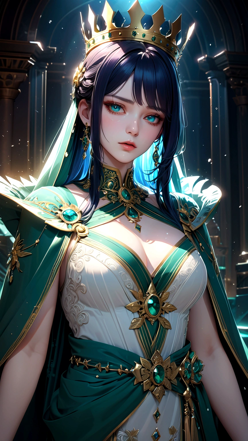 Masterpiece, Best Quality, Super Detailed, High Definition, Expensive Resolution, HDR, Super Detailed CG, Beautiful Details, Depth, Fine Texture, Super Fine, Complete concentration, Pale skin, Queen, confident, black hair, blue hair highlight, beautiful detail eyes, emerald eyes, full details empress outfit, blue trim, crown, 1 female, Cold face and eyes, closed mouth, ethereal atmosphere,luxurious, intricate details, volumetric lighting, atmospheric lighting, lens flare, particles, Cinematic light, colorful light, white colors schemes, standing, fine detail, intricate, extremely detailed eyes and face, expression was arrogant and cold, Posing looks calm and powerful