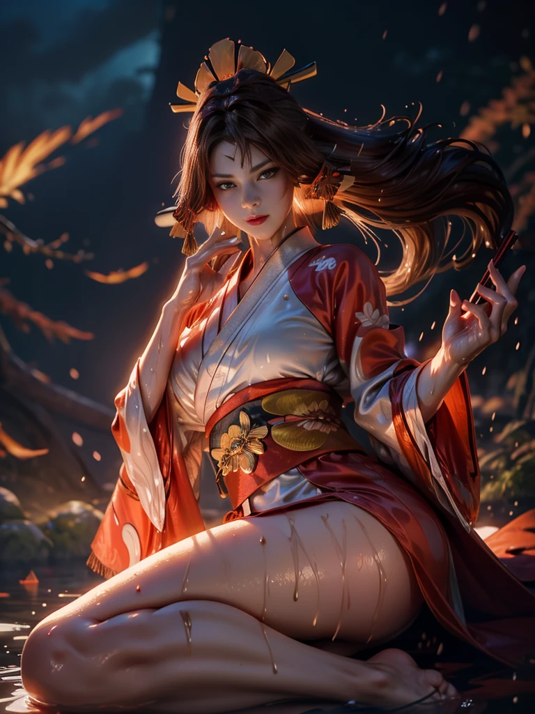 (exquisitely detailed CG unity 8k wallpaper, masterpiece-quality with stunning realism), (best illumination, best shadow), (best quality), (elegant style:1.2), Arti modern anime. angled view, heroic pose, midshot, (cel-shading style:1.3), centered image, ultra detailed closeup portrait of (Mai Shiranui:1) from (King of Fighters), best quality, expressive eyes, perfect face, highres, (ultra details), 1 girl, solo, (brown hair:1), hair ornament, eyeshadow, (gold, white and mainly red qipao:1), highly ornamented, (in Tokyo City:1), portrait, looking at the viewer, piercing eyes, full body, (light from the angle:1) (wind blowing:1.2).(depth of field effects:1.3) (motion action:1.2) (closeup:1.2) (motion blur effects:1), spreading feet, Thin to transparent,see-through, (((Soggy-kimono:1.2))),Lace fabric, (((water-immersed body: 0.9))), jewellery, (lying down:1) (holding an oriental fan on fire:1.1), (hands down:1), (asian face:1), nail polish, makeup