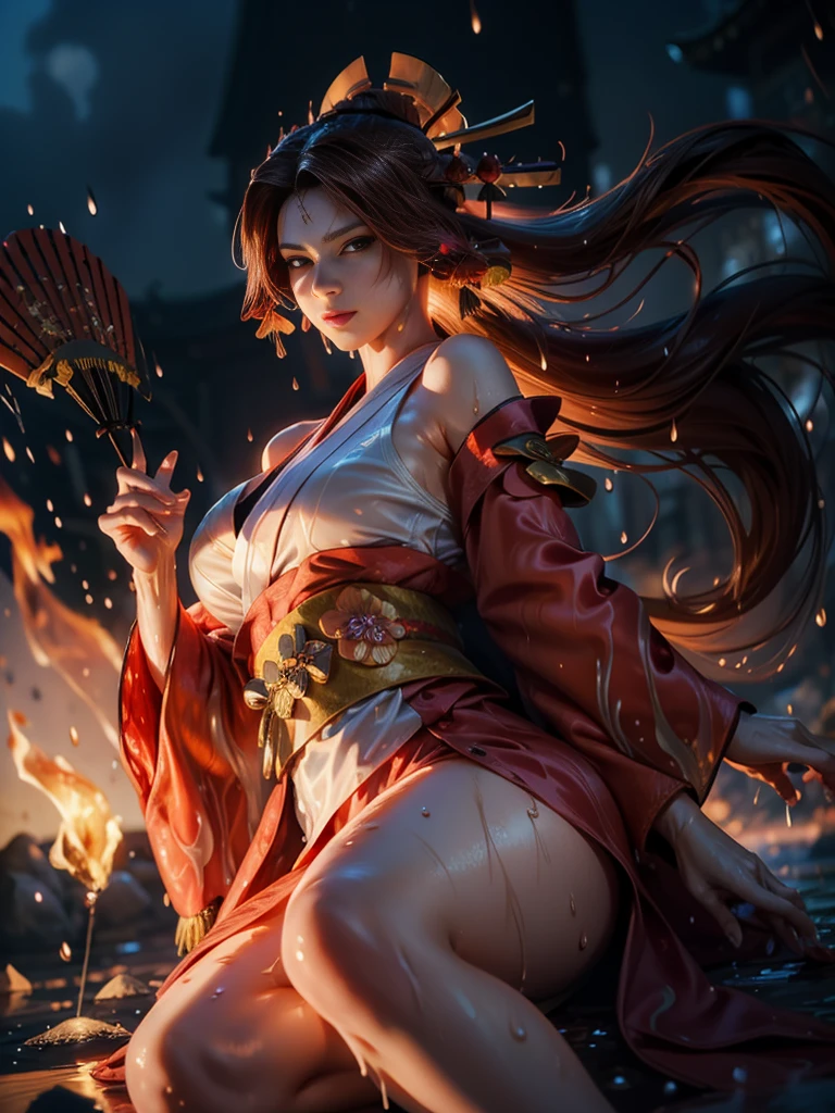 (exquisitely detailed CG unity 8k wallpaper, masterpiece-quality with stunning realism), (best illumination, best shadow), (best quality), (elegant style:1.2), Arti modern anime. angled view, heroic pose, midshot, (cel-shading style:1.3), centered image, ultra detailed closeup portrait of (Mai Shiranui:1) from (King of Fighters), best quality, expressive eyes, perfect face, highres, (ultra details), 1 girl, solo, (brown hair:1), hair ornament, eyeshadow, (gold, white and mainly red qipao:1), highly ornamented, (in Tokyo City:1), portrait, looking at the viewer, piercing eyes, full body, (light from the angle:1) (wind blowing:1.2).(depth of field effects:1.3) (motion action:1.2) (closeup:1.2) (motion blur effects:1), spreading feet, Thin to transparent,see-through, (((Soggy-kimono:1.2))),Lace fabric, (((water-immersed body: 0.9))), jewellery, (lying down:1) (holding an oriental fan on fire:1.1), (hands down:1), (asian face:1), nail polish, makeup