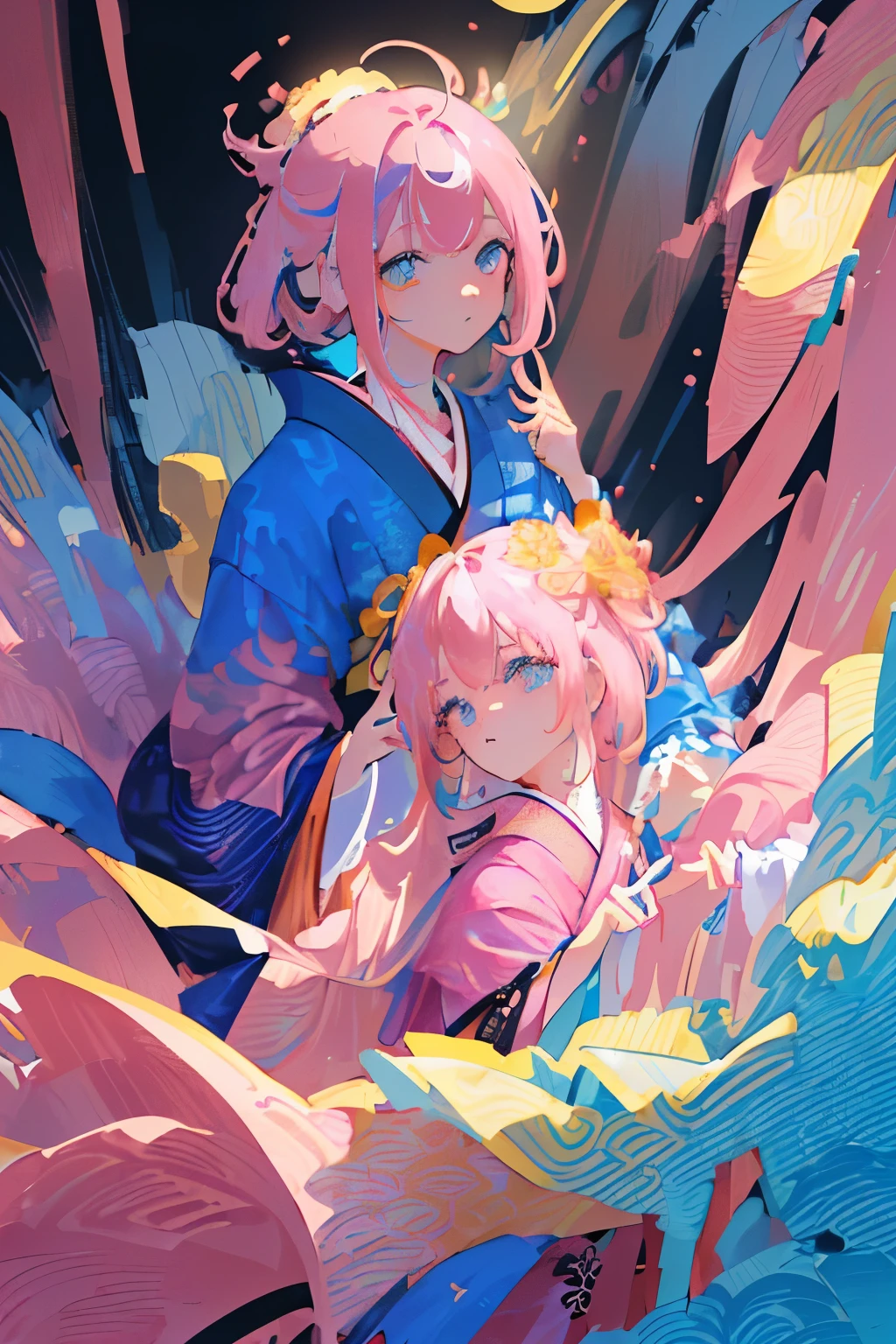 (masterpiece 1:1),(ultra hd picture), (Twin girls Short hair with different hair colors wearing japanese kimono with different color), ( girl 1 hair color pink-blue, primary hair color:pink, secondary hair color: blue,(secondary hair color is a accent ,(girl 1 kimono color blue with yellow accent).(girl 2 hair color blue-pink, primary hair color:blue, secondary hair color: pink,(secondary hair color is a accent )),(girl 2 kimono color pink with yellow accent). Glowing eyes, HD results, best picture, cinematic angle, lovely expression, cute faces, Detail eyes, (((4 fingers))), Japan idols stages background.