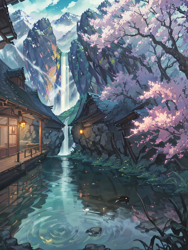 Nighttime, Moonlit night, dark sky, china ancient, spring, jungle, lake, cave, waterfall, tree, grassland, rock, deer, hot spring, vapor, small oriental building, (illustration: 1.0), Narrative composition, realistic lighting, HD detail, masterpiece, best quality, (Highly detailed CG integrated 8k wallpaper)