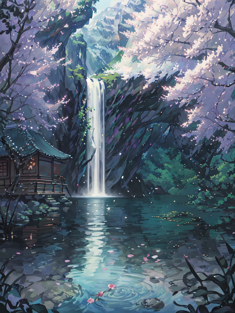 Nighttime, Moonlit night, dark sky, china ancient, spring, jungle, lake, cave, waterfall, tree, grassland, rock, deer, hot spring, vapor, small oriental building, (illustration: 1.0), Narrative composition, realistic lighting, HD detail, masterpiece, best quality, (Highly detailed CG integrated 8k wallpaper)