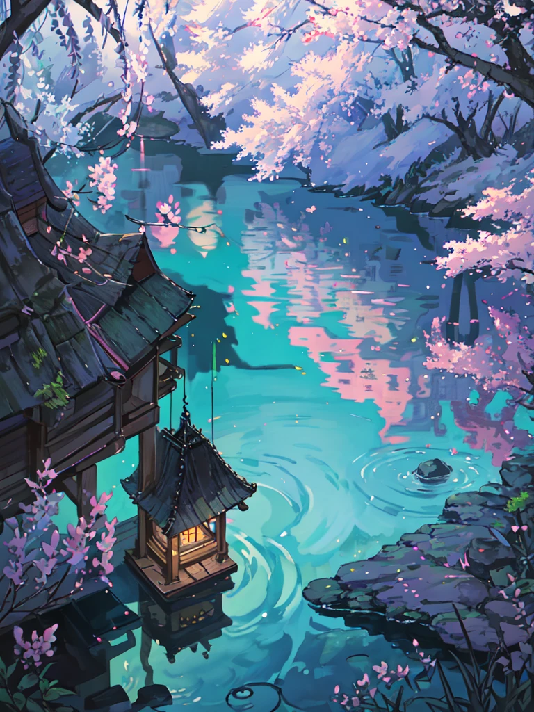 Nighttime, Moonlit night, dark sky, china ancient, spring, jungle, lake, cave, waterfall, tree, grassland, rock, deer, hot spring, vapor, small oriental building, (illustration: 1.0), Narrative composition, realistic lighting, HD detail, masterpiece, best quality, (Highly detailed CG integrated 8k wallpaper)