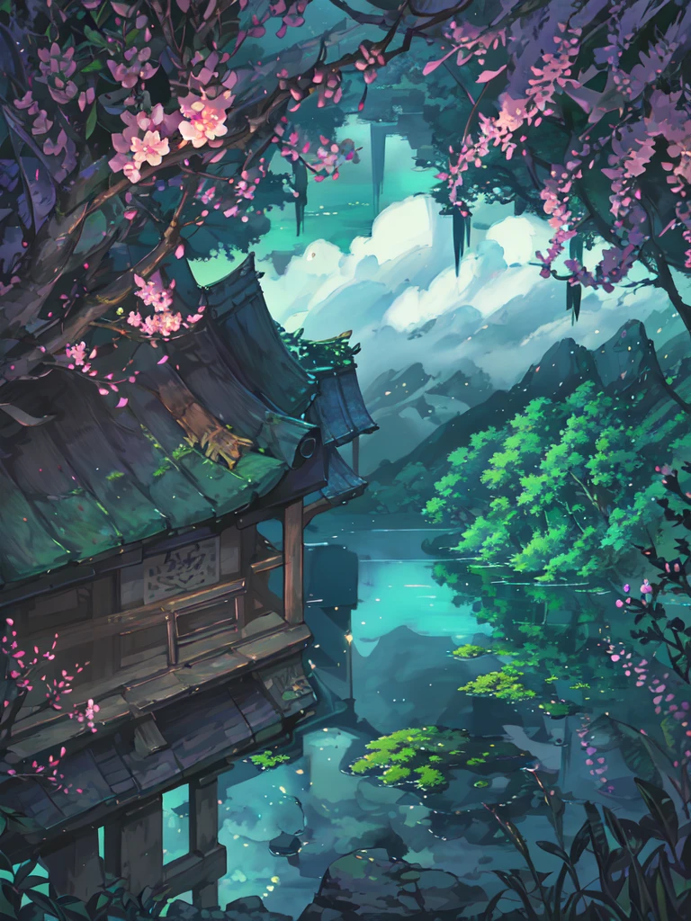 Nighttime, Moonlit night, dark sky, china ancient, spring, jungle, lake, cave, waterfall, tree, grassland, rock, deer, hot spring, vapor, small oriental building, (illustration: 1.0), Narrative composition, realistic lighting, HD detail, masterpiece, best quality, (Highly detailed CG integrated 8k wallpaper)