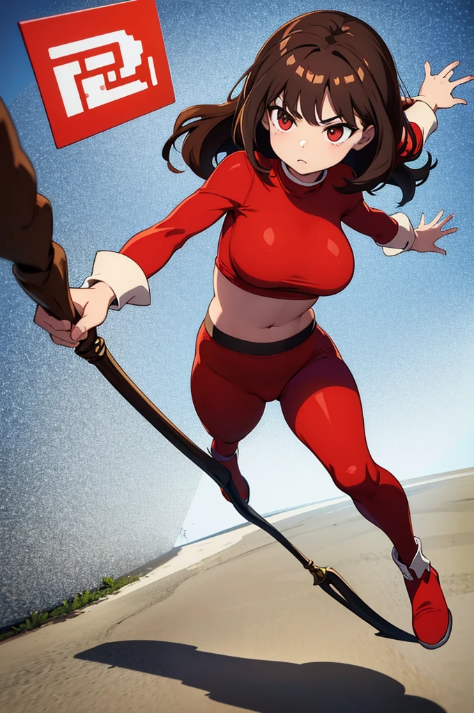 there is a cartoon character on the ground with a staff in it's hand, no humans, dark red clothes, white skin, showing belly button, brown hair,(roblox), robloxian, (female), wide hips, blocky body, squared body, 3d, roblox character, (roundy-squared body)