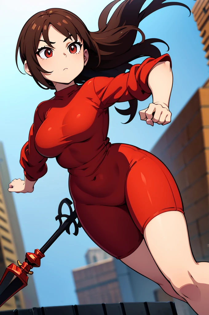 there is a cartoon character on the ground with a staff in it's hand, no humans, dark red clothes, white skin, showing belly button, brown hair,(roblox), robloxian, (female), wide hips, blocky body, squared body, 3d, roblox character, (roundy-squared body)