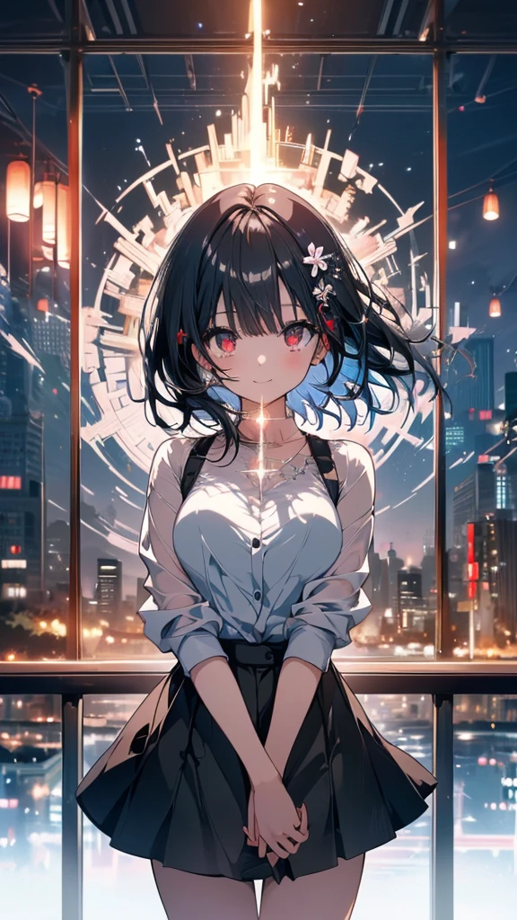 (masterpiece, highest quality, highest quality, (No text), Beautiful and aesthetic:1.2),No text,アニメ、 high resolution BREAK,One Girl,Short black hair Tree Eyes Beautiful eyes Red eyes Cool girl cool smile Red and black costume mini skirt Whole body Detailed eyes and face Night in the city