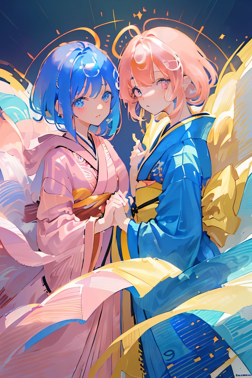 (masterpiece 1:1),(ultra hd picture), (Twin girls Short hair with different hair colors wearing japanese kimono with different color), ( girl 1 hair color pink-blue, primary hair color:pink, secondary hair color: blue,(secondary hair color is a accent ,(girl 1 kimono color blue with yellow accent).(girl 2 hair color blue-pink, primary hair color:blue, secondary hair color: pink,(secondary hair color is a accent )),(girl 2 kimono color pink with yellow accent). Glowing eyes, HD results, best picture, cinematic angle, lovely expression, cute faces, Detail eyes, (((4 fingers))), Japan idols stages background.