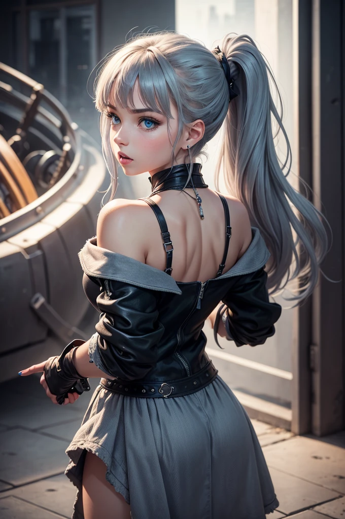 1 Girl, Aqua eyes, Back, Bangs, Bare shoulders, black Gloves, blue eyes, Weaving, Necklace, earrings, fingerless Gloves, From the back, Gloves, Gray hair, Keep, jacket, Jewelry, Long hair, Looking at the audience, looking Back, Nail polish, Off-shoulder, Open your mouth, punching, Ponytail, red jacket, Solitary, Upper Body,He didn&#39;t,[[Practical]],(Glowing skin),(masterpiece:1.4),(best quality:1.4)