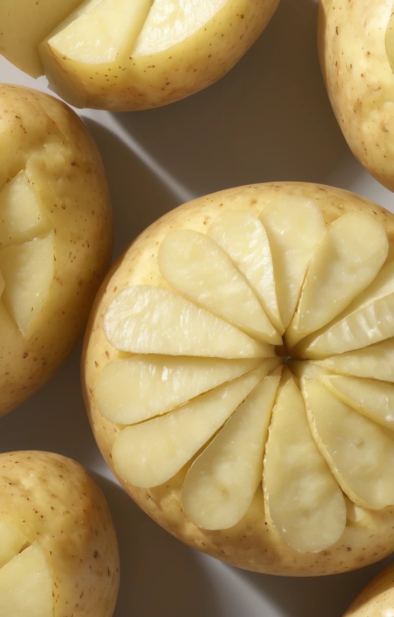 There is a potato，Cut half into many even slices, 3D rendering inspired by Anna Füssli, Number of polygons, generative art, 超精细Clear rendering, depicted as a 3 d render, octave render, Rendering in povray, Hyper-realistic rendering, Clear rendering, Rendering in KeyShot, raytraced blade, computer generated