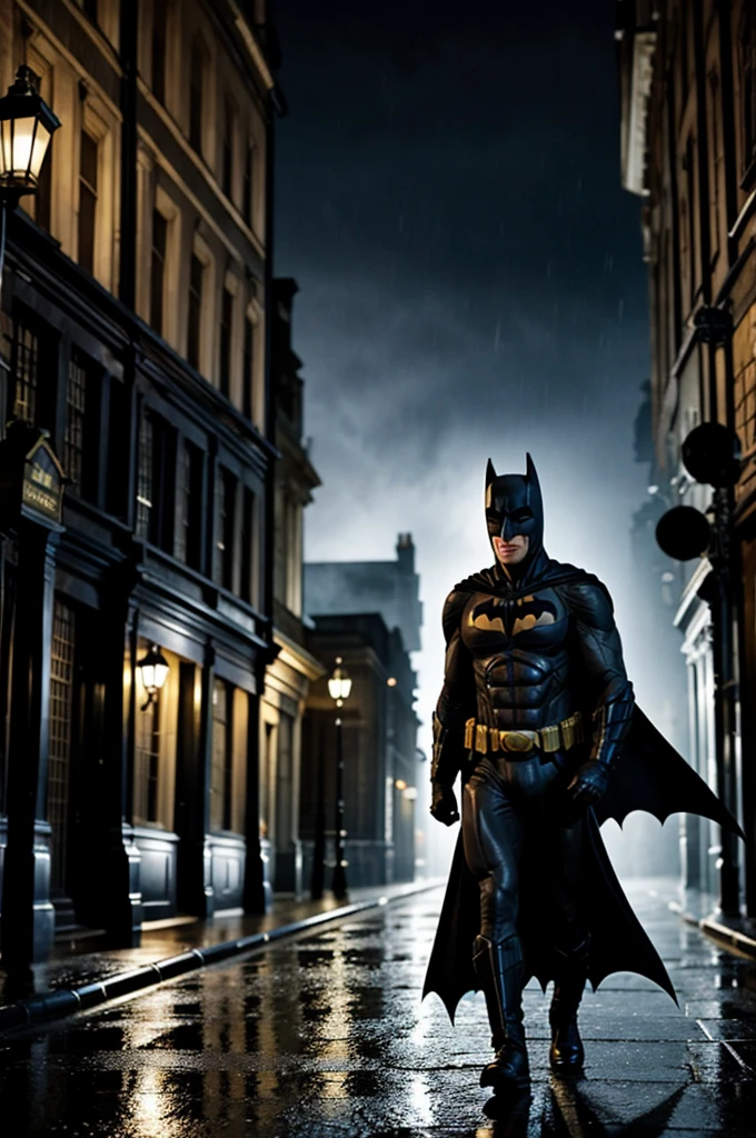 Batman walking in old London at night while it rains.