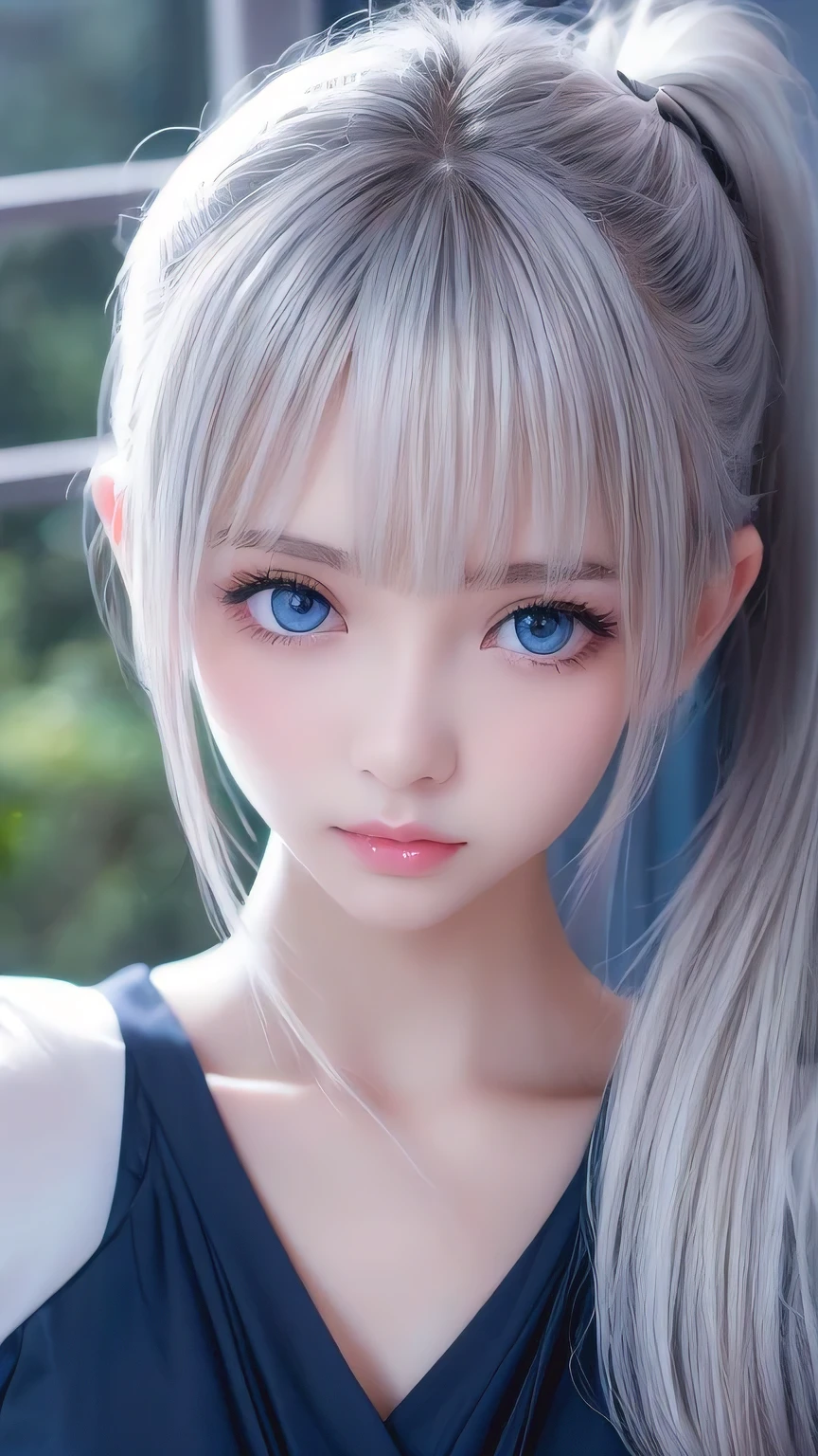 Exceptional sexy beauty、Beautiful, calm and bright expression、Sexy refreshing look、Perfect beautiful pretty face、Very bright, light blue eyes、Short ponytail、Long bangs between the eyes、Long platinum blonde straight hair、Beautiful facial hair、Very cute beautiful sexy young little woman、Very perfect beautiful pretty face、Beautiful clear cute eyes