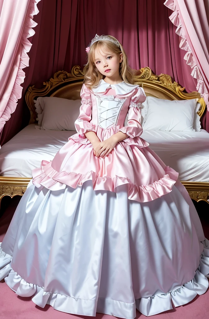 ,highest quality, masterpiece, highest resolution, artwork, super それにget used to it, many get used to it, get used to it, それにget used to it, 3k realistic pictures,,((10 year old s)),Ultra-detailed juvenile face,ultra-detailed beautiful little girl princess,full length ball gown dress with hoop skirt,ruffled yoke collar,puff sleeves,long sleeve,((Lolita style hot pink iled princess satin dress with lots of ruffles and ribbons)),Rococo style lolita fashion,shiny satinss,Soft and smooth fabric,detailed princess dress,luxury,long blonde hair,blue eyes,white skin european,Pajama,((in the bedroom of the palace)),luxury princess canopy king size pink bed,shiny satin sheets,ultra-detailed princess bed,High-quality background,lot of frilled pillows,on the bed,