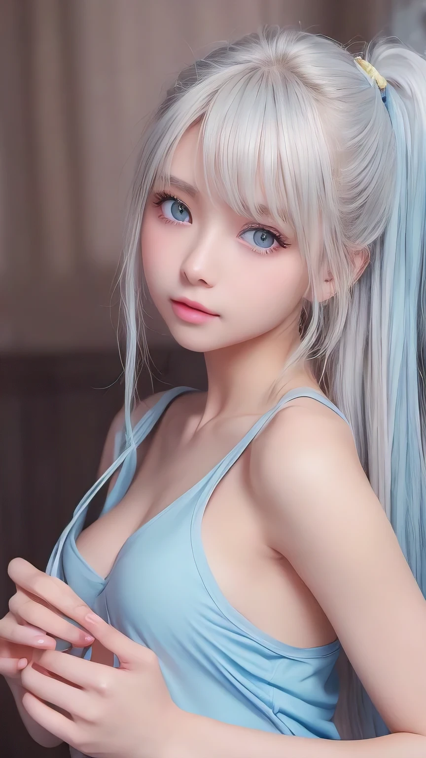 Exceptional sexy beauty、Beautiful, calm and bright expression、Sexy refreshing look、Perfect beautiful pretty face、Very bright, light blue eyes、Short ponytail、Long bangs between the eyes、Long platinum blonde straight hair、Beautiful facial hair、Very cute beautiful sexy young woman、Very perfect beautiful pretty face、Beautiful clear cute eyes