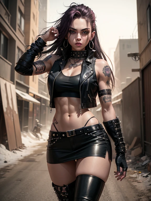 In the Wasteland, 18 year old beautiful girl in Wolf style., from DC comics, with dreadlocks, intergalactic anti-heroine, known for her cruelty and sarcastic behavior.. He is depicted as an alien humanoid with pale white skin.., long black dreadlocks, and super muscular physique in tight black leather pants.. His bright red eyes give him a menacing appearance..... Often dressed in an open black leather vest.., Short skirt, and heavy boots, he has a punk rock look. With tattoos and scars all over my body, emphasizing his seasoned character.,