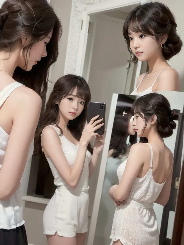 Three Asian women taking a photo in a room, Ulzzang, Three sisters looking in the mirror, 8K)), Popular Korean makeup, Profile picture, beautiful girl, 8K selfie photo, Cute - Nice - Face, Popular Korean makeup, Shision Wu, pretty girl, Korean Girls, avatar Profile picture, sakimichan, very high quality, Surreal Realism, Super polished, high quality, 8K resolution, Diverse styles, Exposing shoulders without exposing breasts,