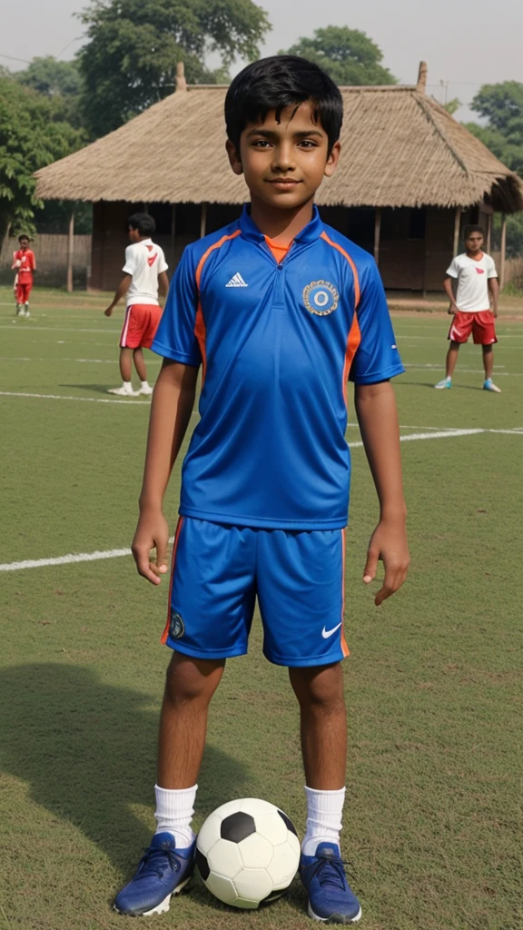 Indian boy play football in village ground, sports clothes, with friends