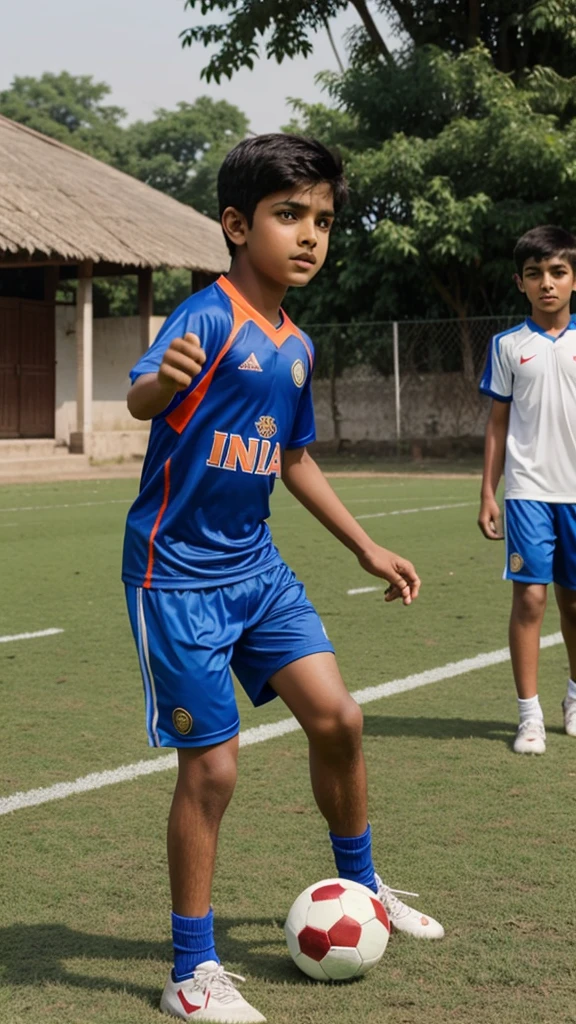 Indian boy play football in village ground, sports clothes, with friends