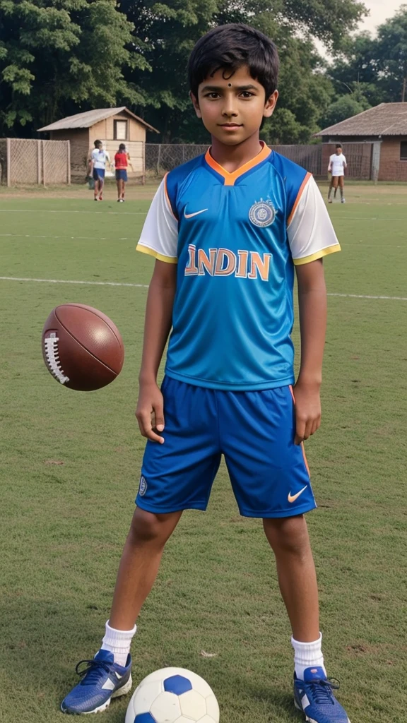 Indian boy play football in village ground, sports clothes, with friends
