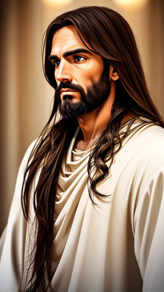 Create a realistic image of Jesus Christ looking directly at the camera. Jesus should have a serene and loving expression. He should be depicted